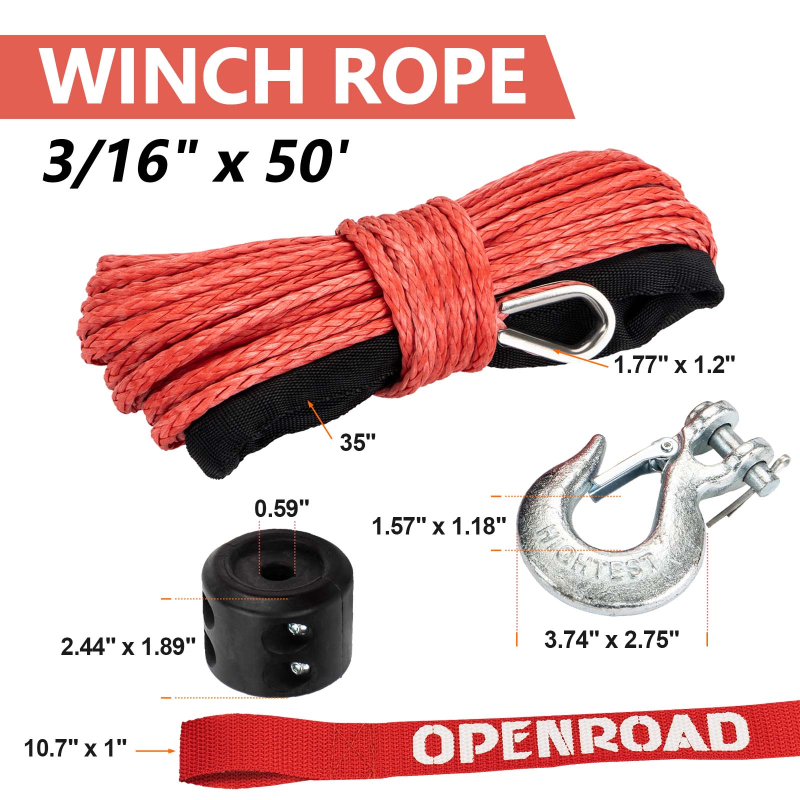 OPENROAD Synthetic Winch Rope 3/16'' x 50'Winch Rope Extension with Galvanized Removable Hook and ATV New Adjustable Rubber Blocks  openroad4wd.com   