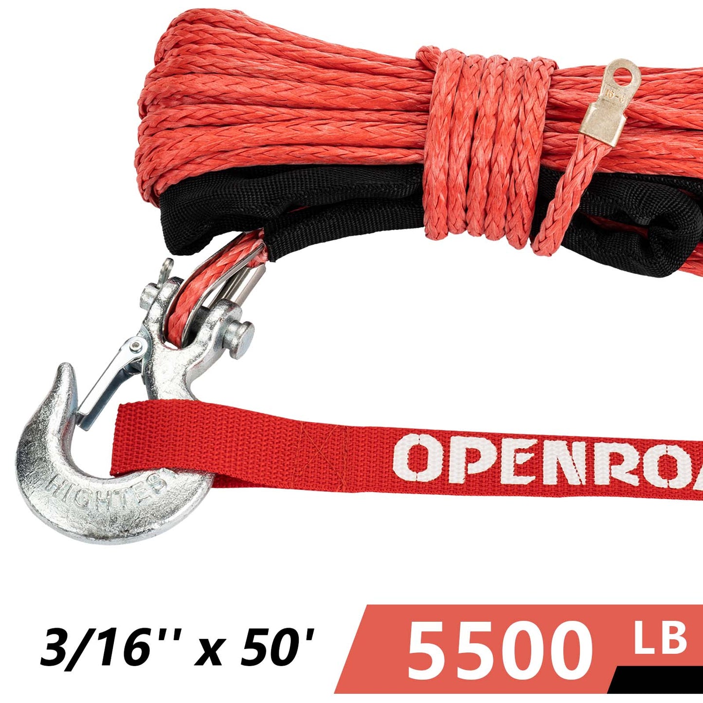 OPENROAD Synthetic Winch Rope 3/16'' x 50'Winch Rope Extension with Galvanized Removable Hook and ATV New Adjustable Rubber Blocks  openroad4wd.com   