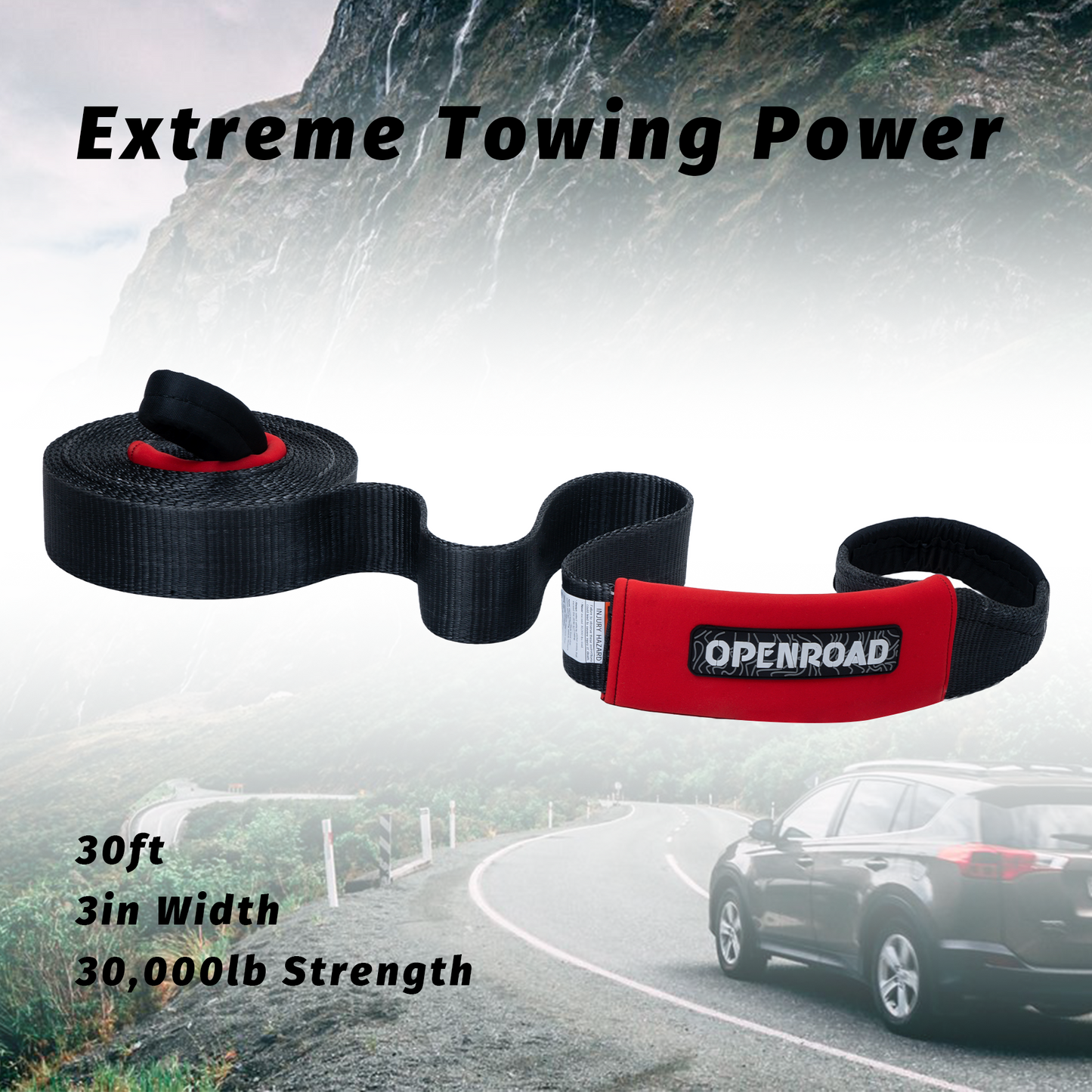 OPENROAD Nylon Heavy Duty Tow Strap Recovery Strap 3" x 30 ft (30,000 lbs) Snatch Strap,  Storage Bag  openroad4wd.com   