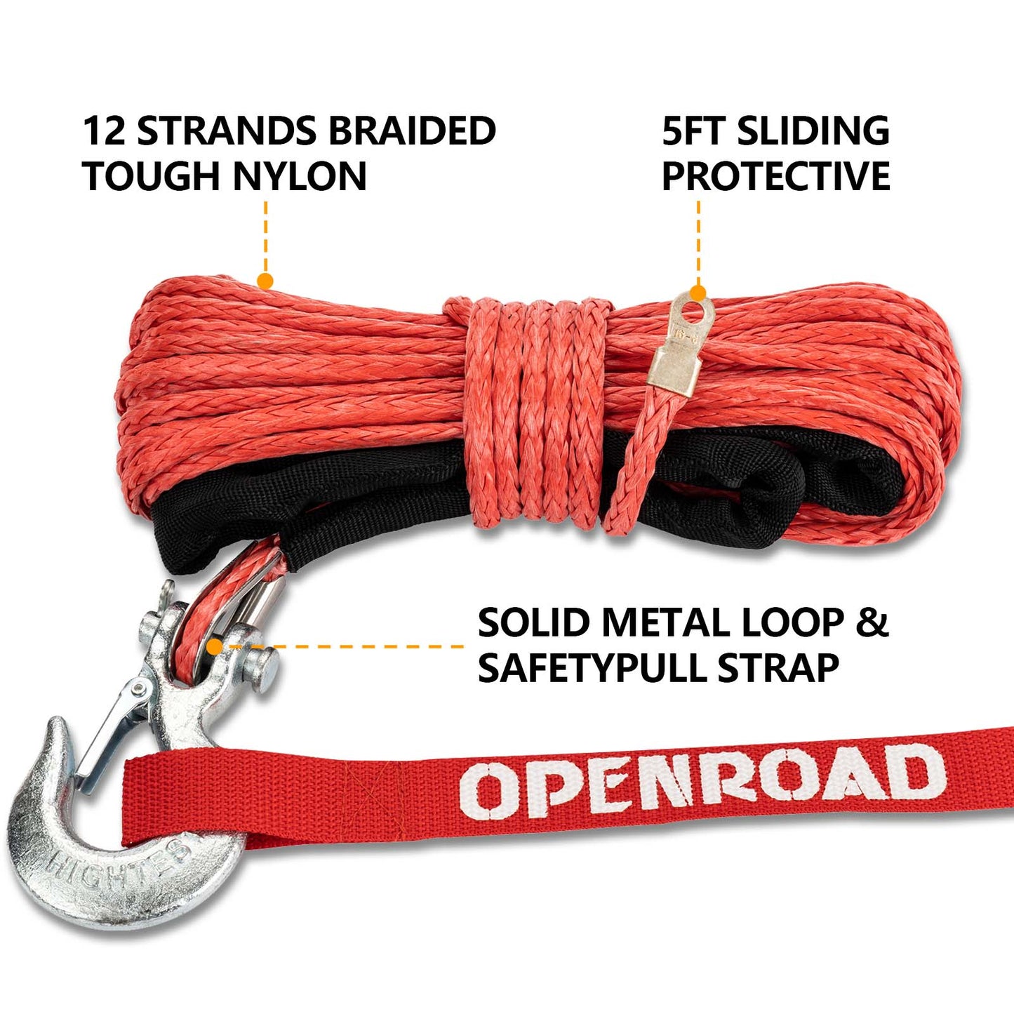 OPENROAD Synthetic Winch Rope 1/4" x 50'Winch Rope Extension with Black Removable Hook and ATV New Adjustable Rubber Blocks  openroad4wd.com   