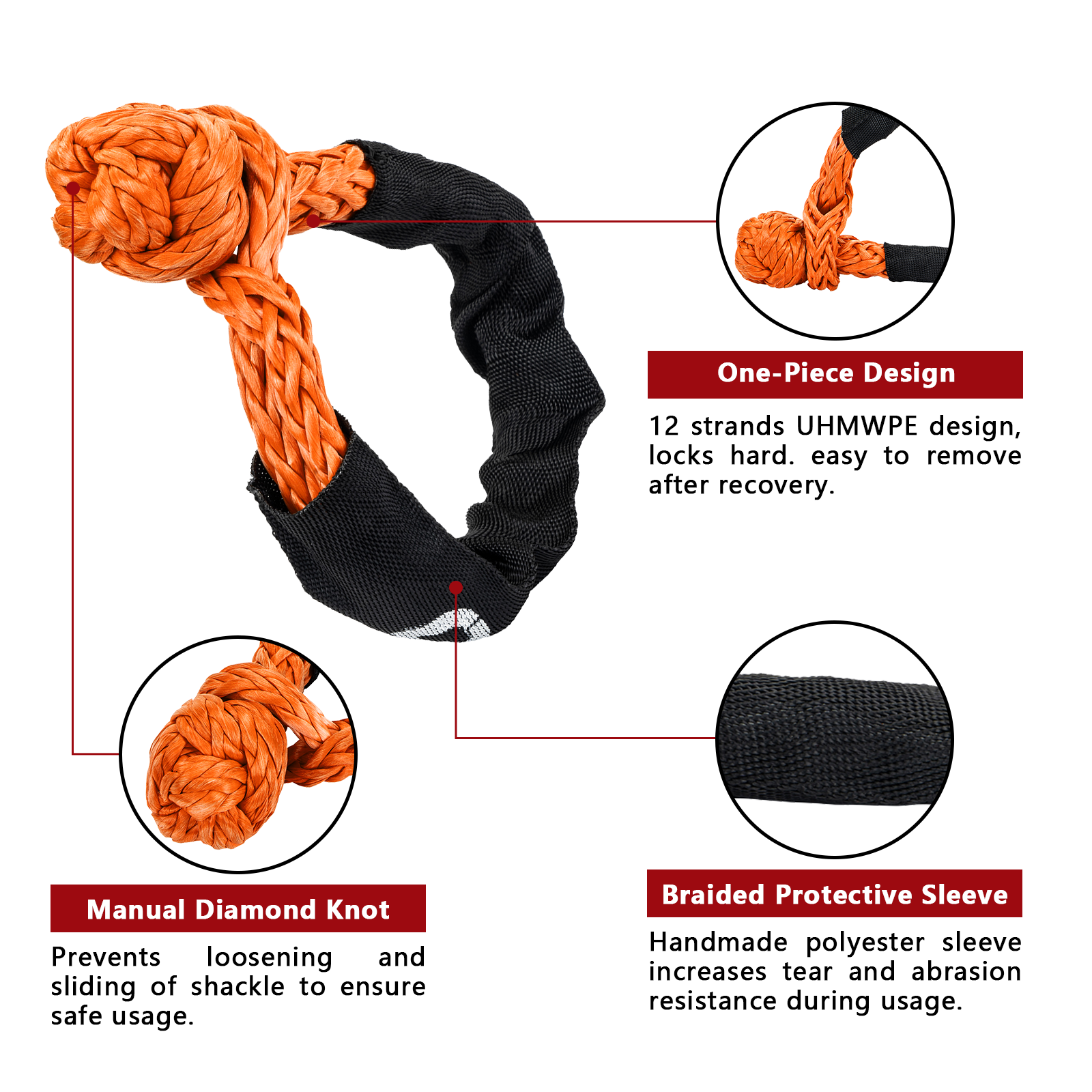 OPENROAD Synthetic Soft Shackle Rope, 2" X 23" (38,000lbs) with Extra Sleeves  openroad4wd.com   