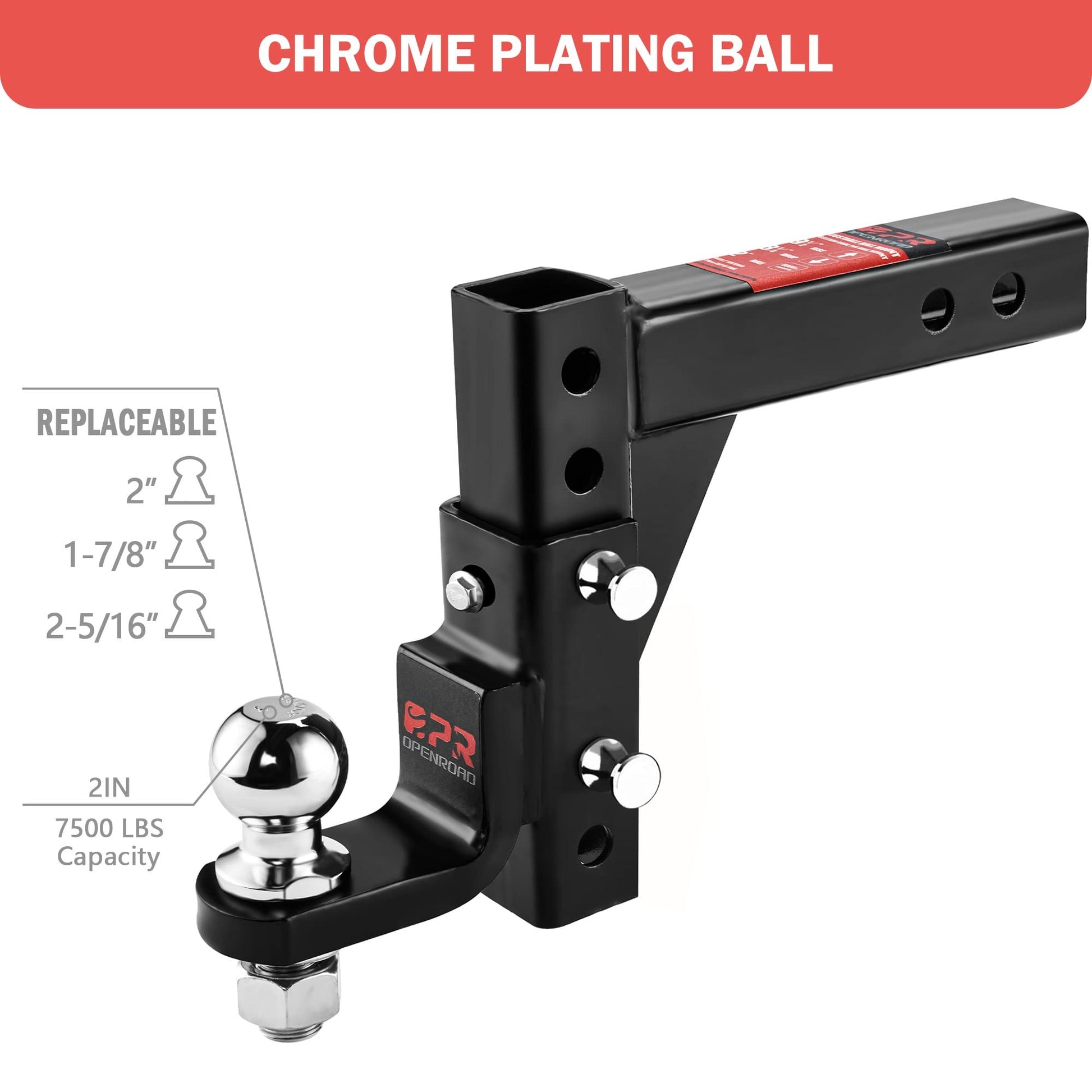 OPENROAD Adjustable Trailer Hitch Ball Mount Fits 2-Inch Receiver, 2" Tow Balls 7500lbs  openroad4wd.com   